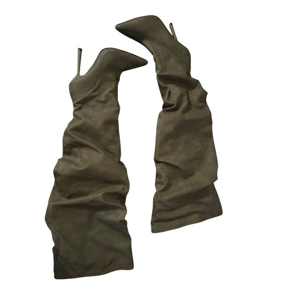 PrettyLittleThing KHAKI WIDE FIT POINT TOE TEXTURED RUCHED OVER THE KNEE SIZE 8 - Picture 3 of 11